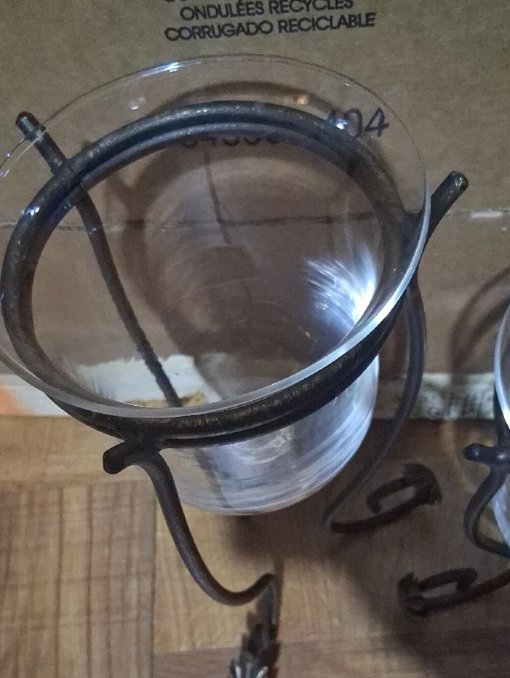 Glass Candle Holders with Metal Scroll Stands - Brown Finish